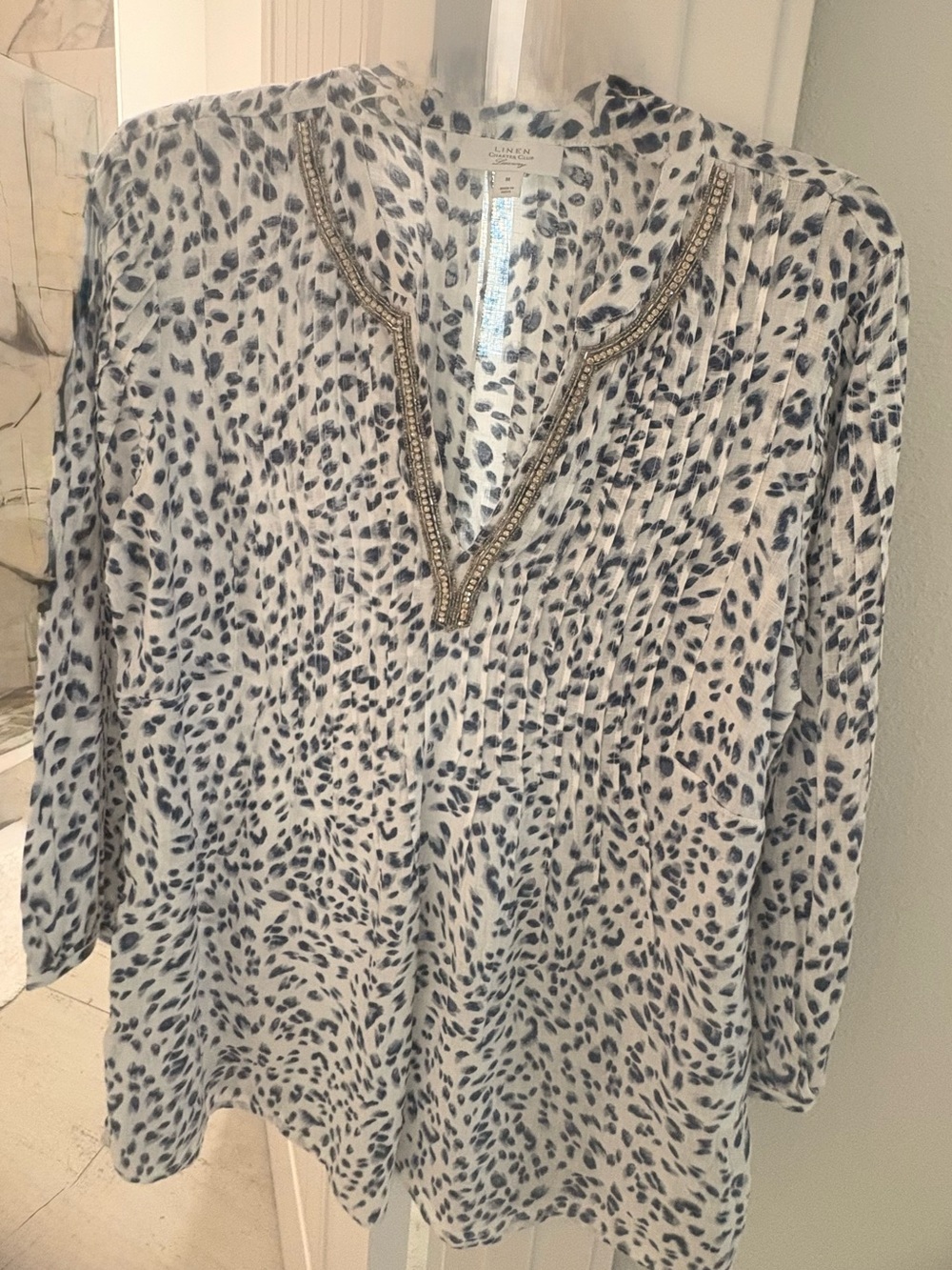 Charter Club Beaded V-Neck Tunic in Cream and Gray Animal Print